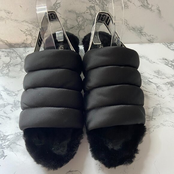 UGG Women 10 Puff Yeah Slippers Slip On Black Ankle Strap Fluffy Fuzzy Soft Shoe - Picture 2 of 7